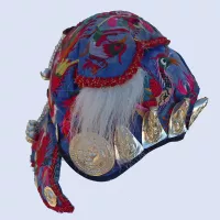 727 Lively Blue Silk Satin Miao Minority Hat with Embroidered Menagerie