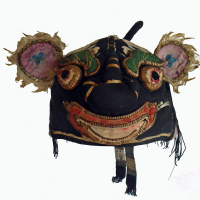 730 Big-Nosed Black Silk Chinese Lion Hat with Peonies
