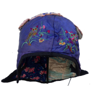 749 Bird and Peony Blue Silk Miao Padded Wind Hat