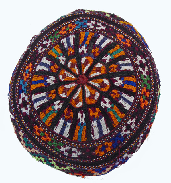 #762  Turkmen Boy's Skullcap “Takhya” with silk lacing stitch on cotton